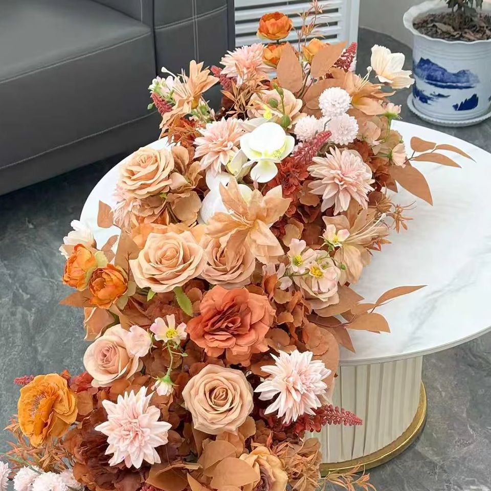 Table Runner - 2M Luxuriöser 5D Orange-Karamell Herbstblumen-Läufer Blumenball