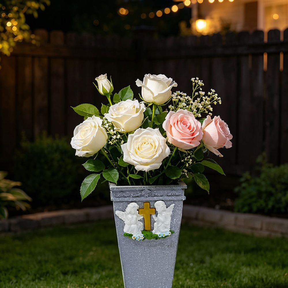 Vase Decor - Kreuzengel-Grabvase aus Kunstharz, Solar-Ornament, Outdoor-Blumenhalter für