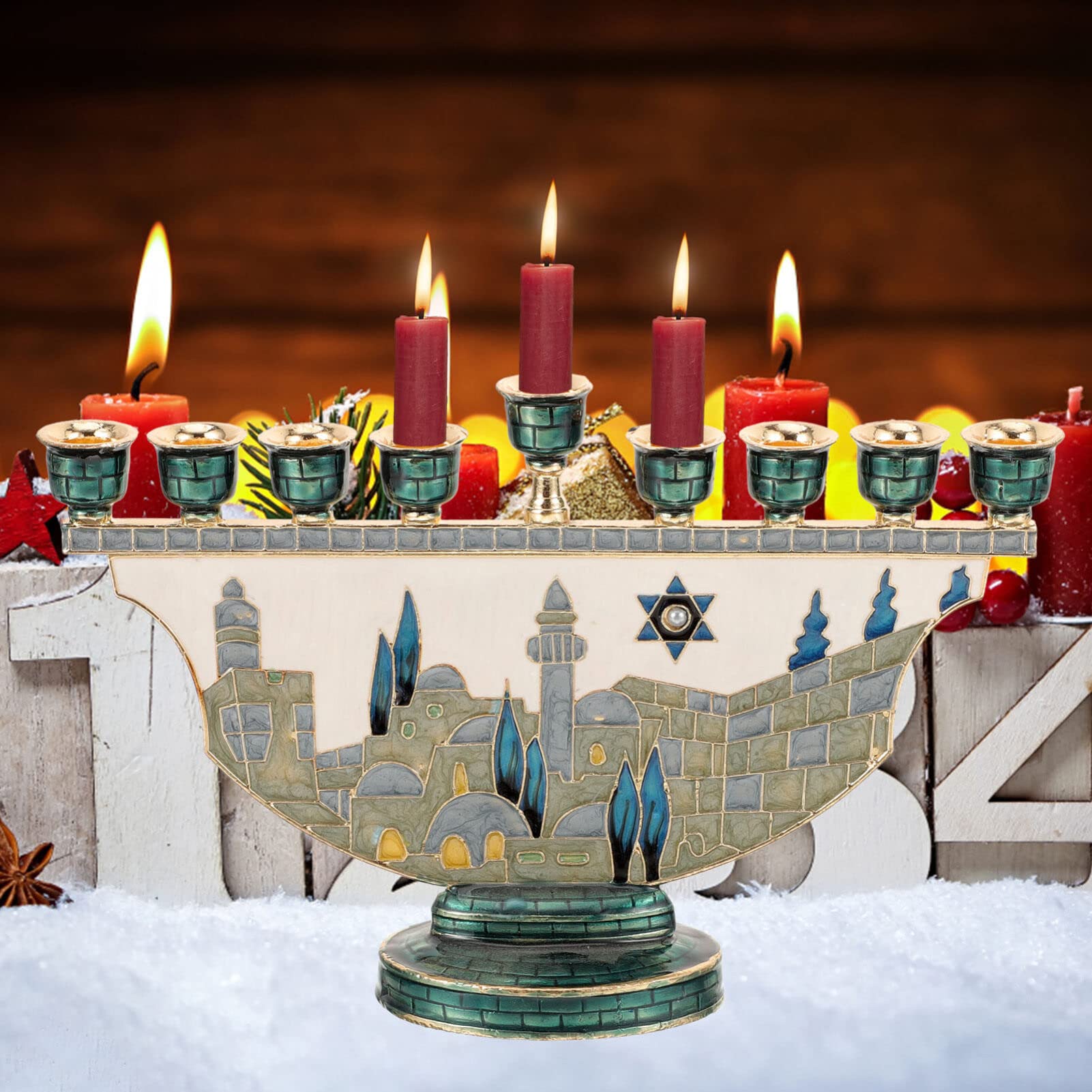 Candle Holder Decor - Jerusalem Menora Chanukka Kerzenhalter 9-armig Emaille